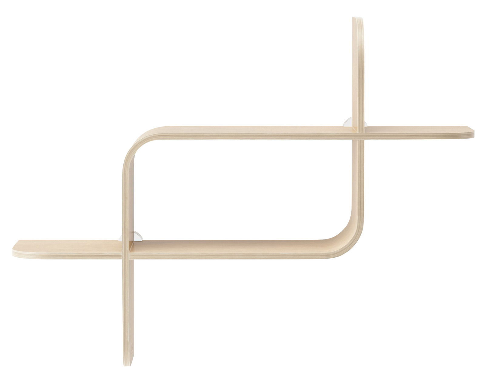 Modernes Wandregal aus hellem Holz mit geschwungenem Design, seitliche Perspektive