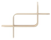 Modernes Wandregal aus hellem Holz mit geschwungenem Design, seitliche Perspektive
