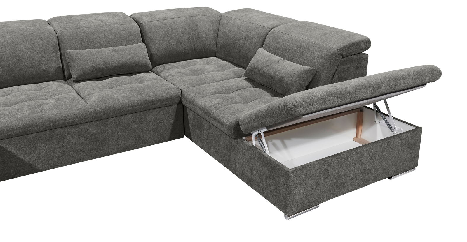 Graues Ecksofa mit Stauraum, geöffnete Perspektive von vorne rechts
