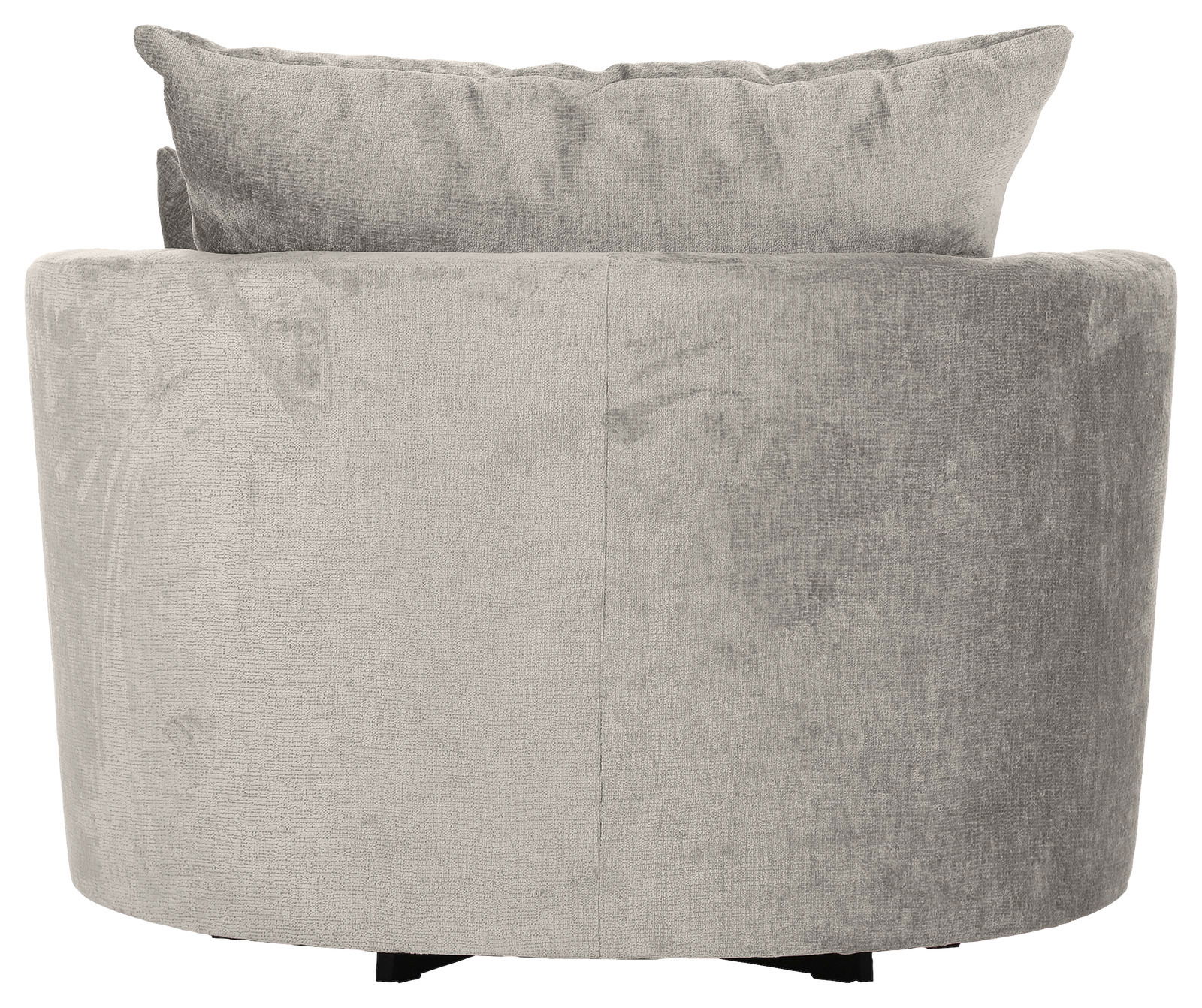 Rückansicht eines grauen Sessels mit weichem Stoffbezug und Kissen.