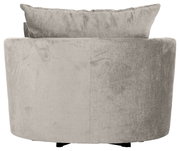 Rückansicht eines grauen Sessels mit weichem Stoffbezug und Kissen.