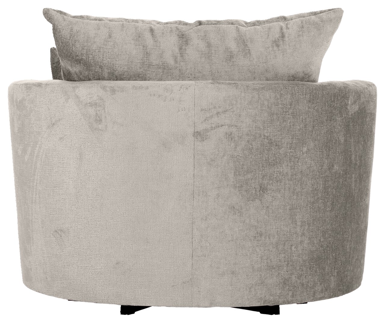 Achterkant van een grijze fauteuil met een zachte stoffen bekleding en kussens.