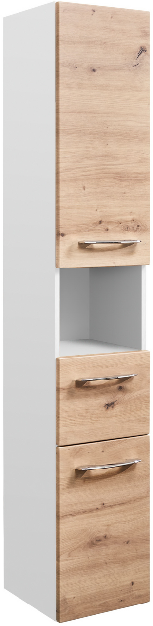 Hochschrank mit Holzoptik-Fronten und weißen Seiten, frontal fotografiert