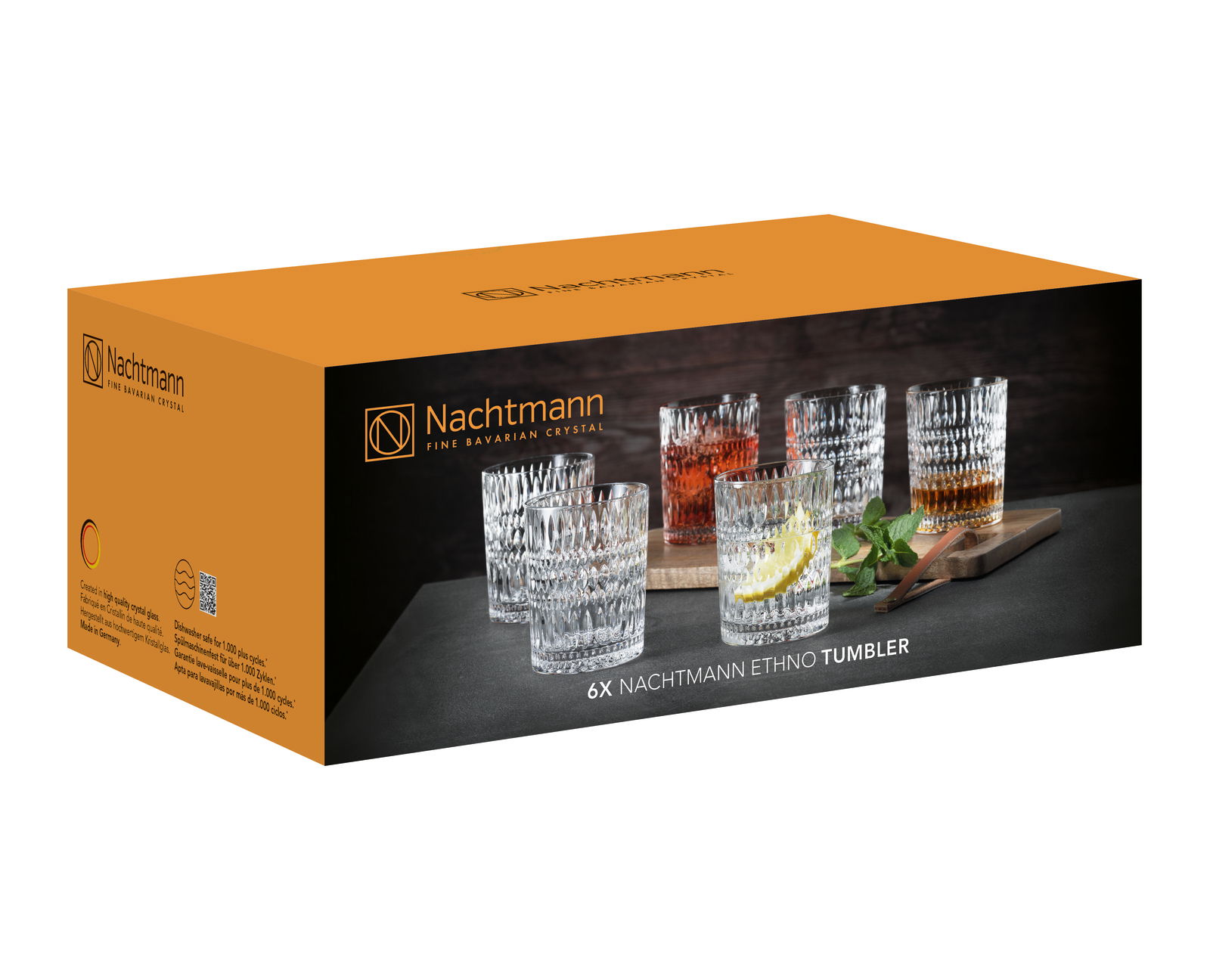Verpackung mit sechs Nachtmann Ethno Tumbler Gläsern, seitliche Perspektive
