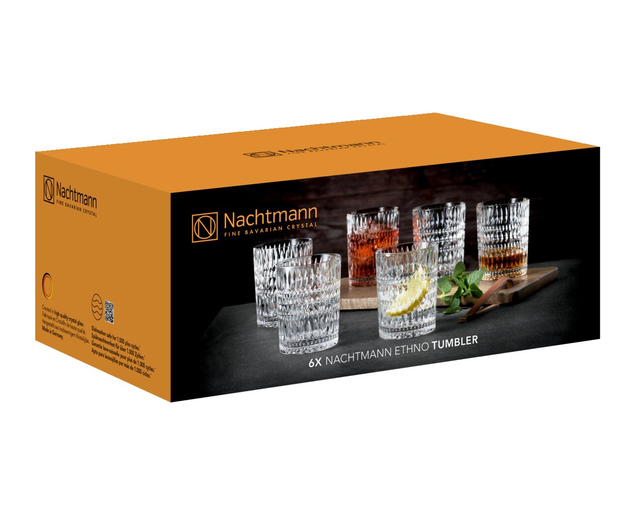 Verpackung mit sechs Nachtmann Ethno Tumbler Gläsern, seitliche Perspektive
