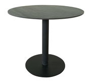 Runder Bartisch mit schwarzer Tischplatte und stabilem Standfuß, seitliche Perspektive