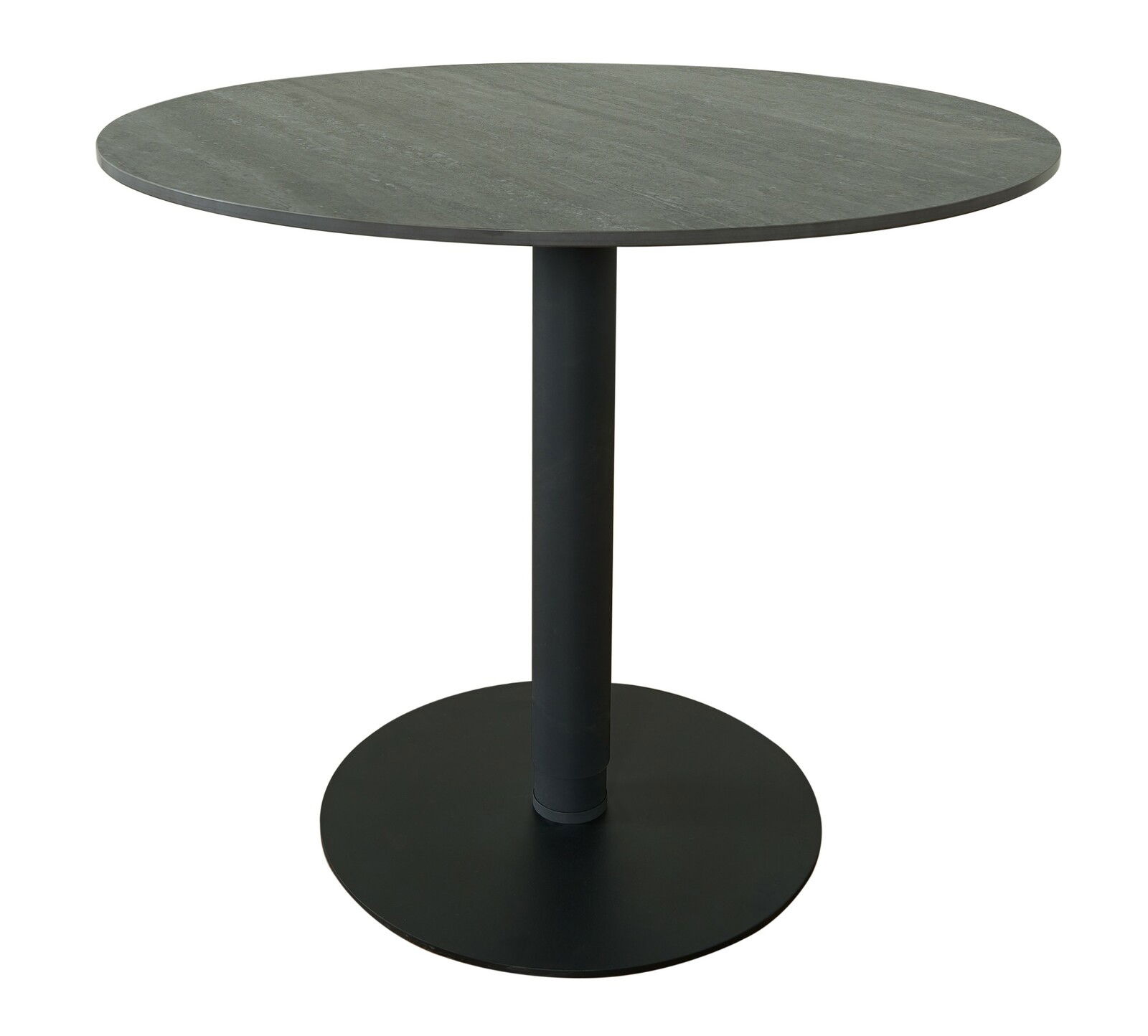 Runder Bartisch mit schwarzer Tischplatte und stabilem Standfuß, seitliche Perspektive