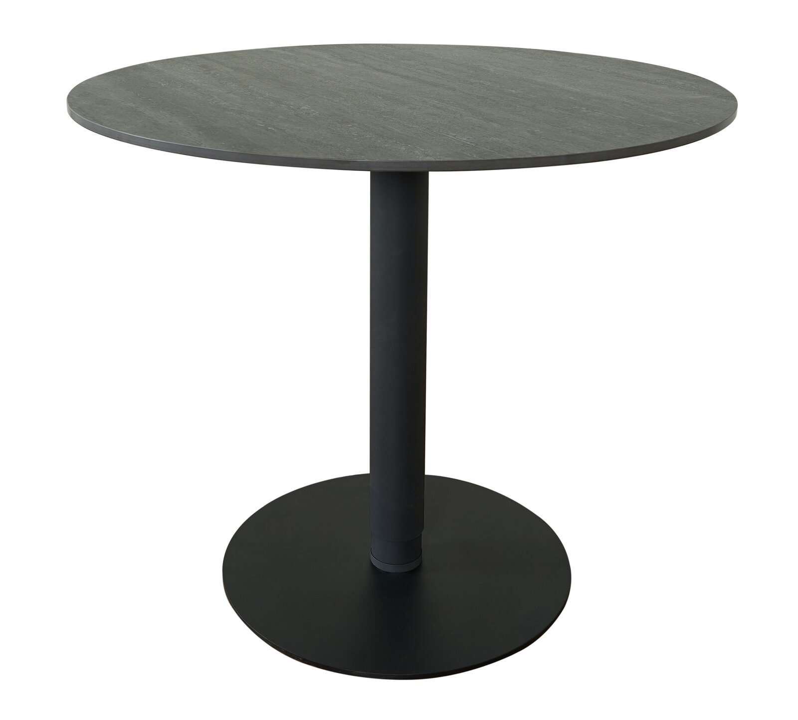 Runder Bartisch mit schwarzer Tischplatte und stabilem Standfuß, seitliche Perspektive