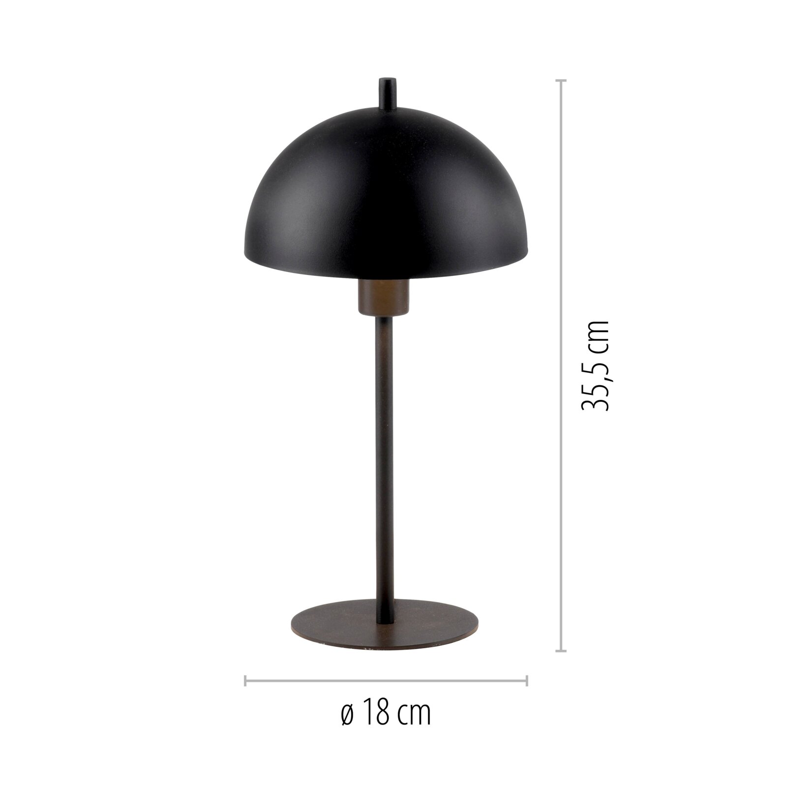 Schwarze Tischleuchte mit halbkugelförmigem Schirm und rundem Standfuß, freigestellt auf weißem Hintergrund, Vorderansicht; Maße ca. 35,5 cm hoch und Ø 18 cm.