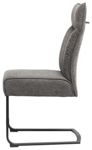 Seitenansicht eines grauen Freischwinger-Stuhls mit gepolsterter Sitzfläche und Rückenlehne, Modell BUFFY.