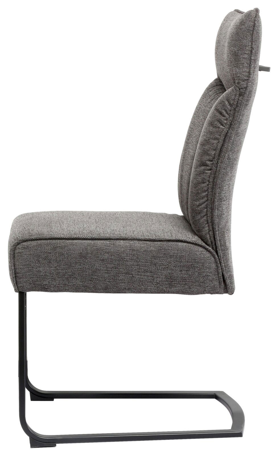 Seitenansicht eines grauen Freischwinger-Stuhls mit gepolsterter Sitzfläche und Rückenlehne, Modell BUFFY.