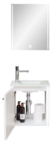 Moderne Gästebad-Einrichtung mit Spiegel und Waschbeckenunterschrank, Frontalansicht