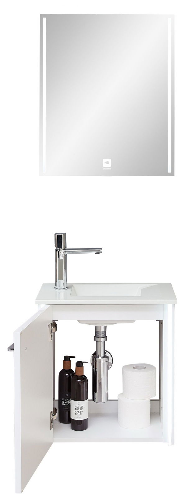 Moderne Gästebad-Einrichtung mit Spiegel und Waschbeckenunterschrank, Frontalansicht