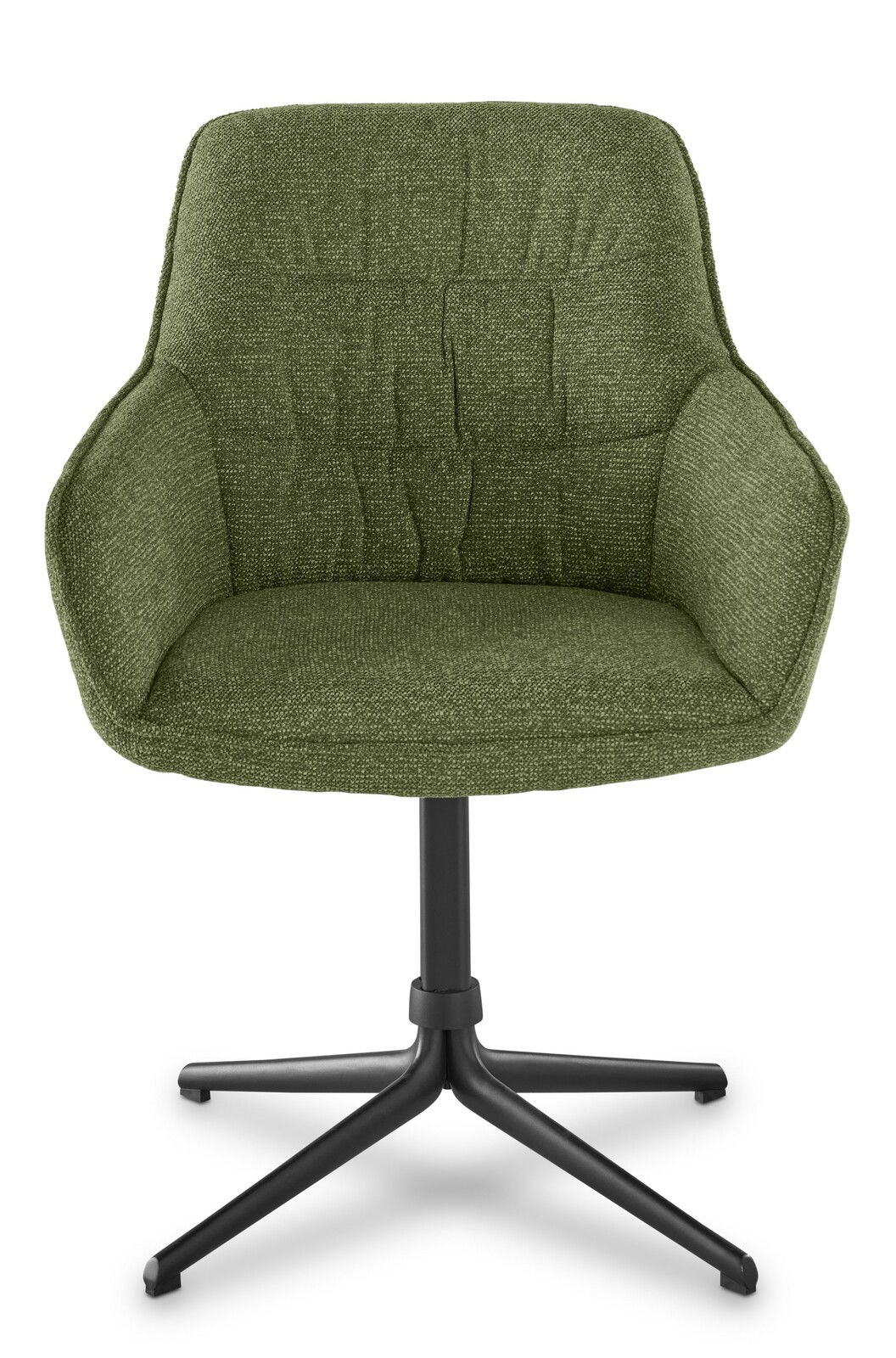 Grüner Armlehnstuhl mit schwarzem Metallfuß, Frontalansicht