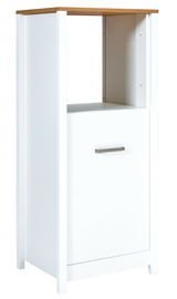 Weißer Herd-Umbauschrank mit Holzoberfläche und Schublade, seitliche Perspektive