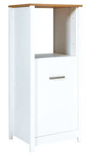 Weißer Herd-Umbauschrank mit Holzoberfläche und Schublade, seitliche Perspektive