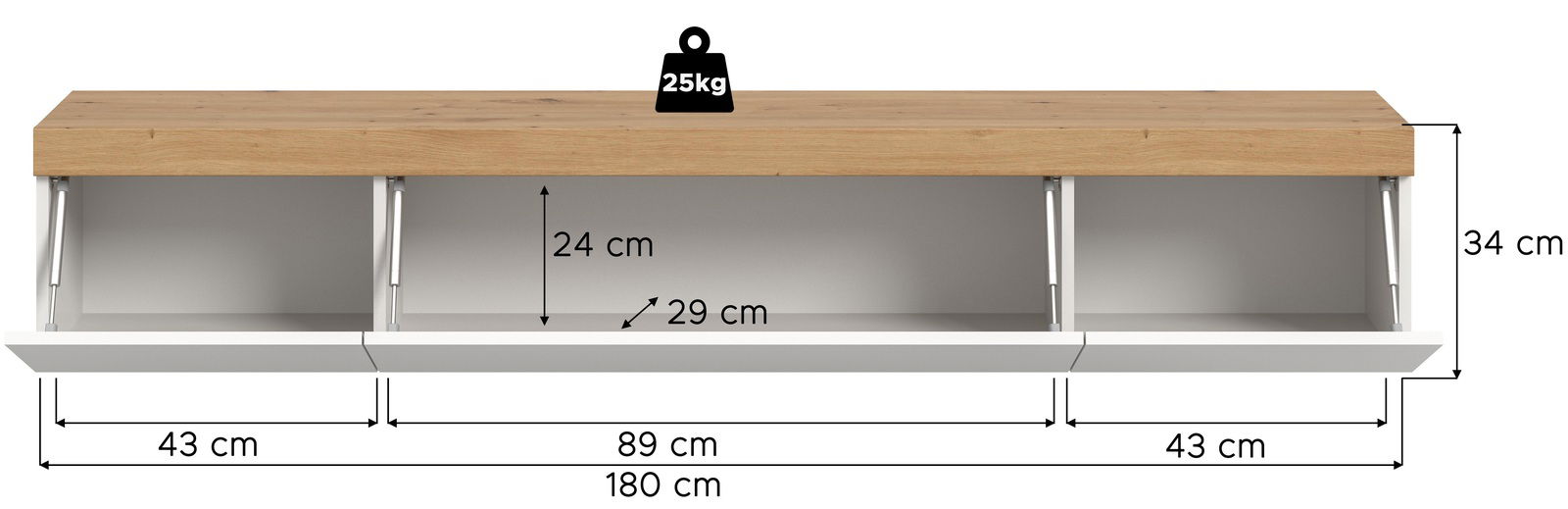 Lowboard groß mit drei Fächern, Holzoberfläche und weißem Korpus, Frontansicht, Maße: 180 cm Breite, 34 cm Höhe, 24 cm Fachhöhe, 29 cm Fachbreite, maximale Belastung 25 kg.