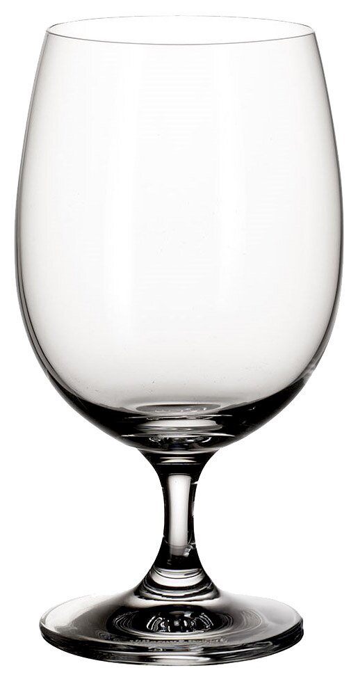 Elegante waterbeker van helder glas, afgebeeld van voren.