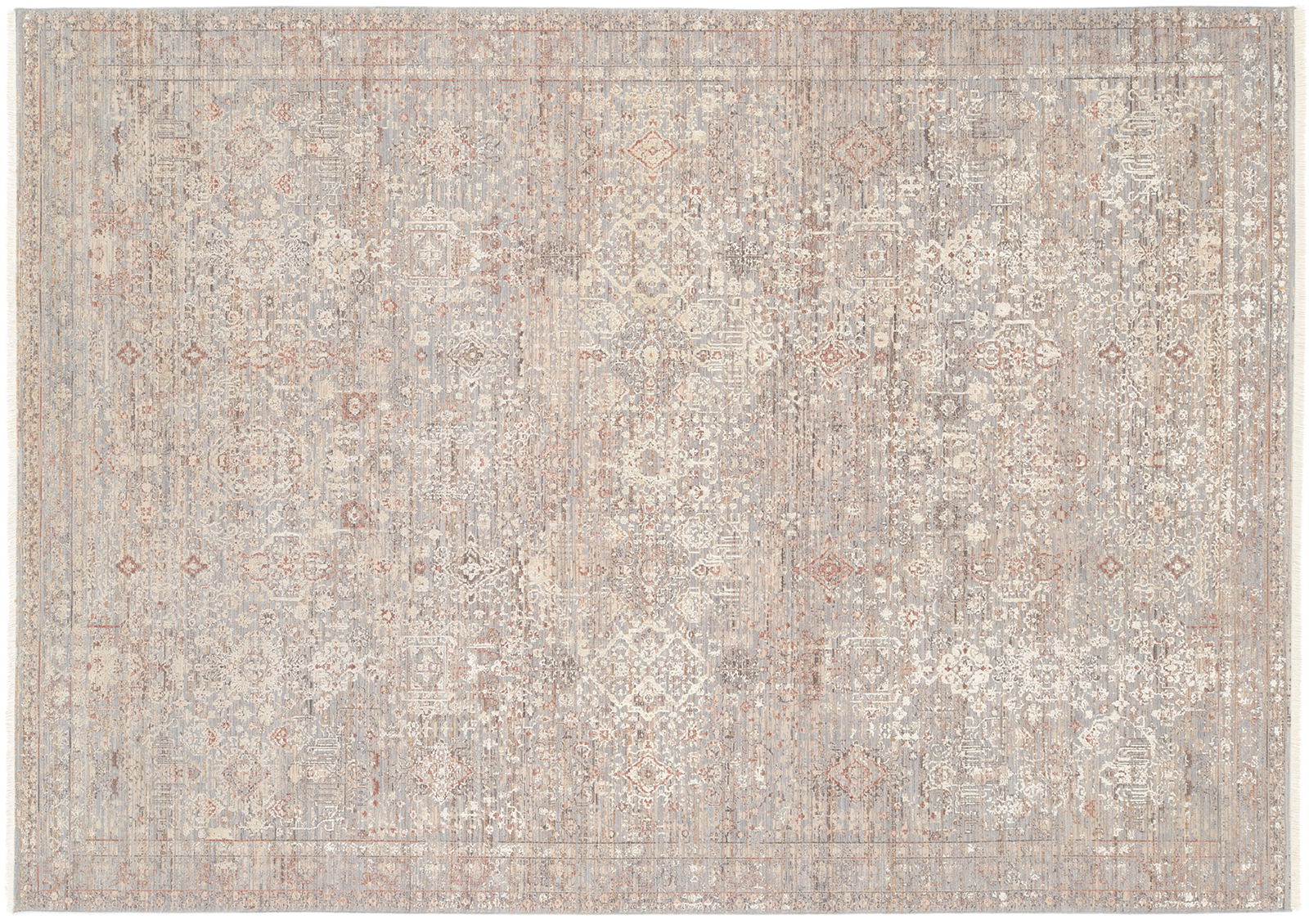 Designer Teppich mit orientalischem Muster in sanften Beige- und Grautönen, Draufsicht