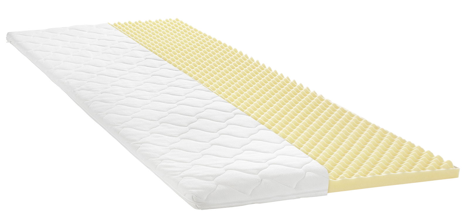 Intro Viscotopper TOPPER Viscotopper mit wellenförmiger Oberfläche und weißem Bezug, seitliche Perspektive