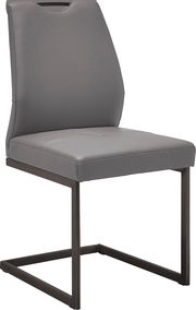 Grauer Schwingstuhl mit Metallgestell, seitliche Perspektive