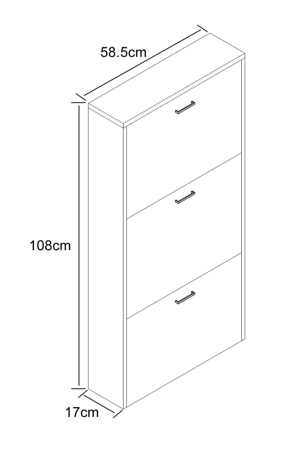 Schmaler, hoher Schuhschrank mit drei Klappen und Griffen, Maßskizze mit 108 cm Höhe, 58,5 cm Breite und 17 cm Tiefe, dargestellt in schräger Frontansicht (3/4-Perspektive) von oben.