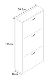 Schmaler, hoher Schuhschrank mit drei Klappen und Griffen, Maßskizze mit 108 cm Höhe, 58,5 cm Breite und 17 cm Tiefe, dargestellt in schräger Frontansicht (3/4-Perspektive) von oben.