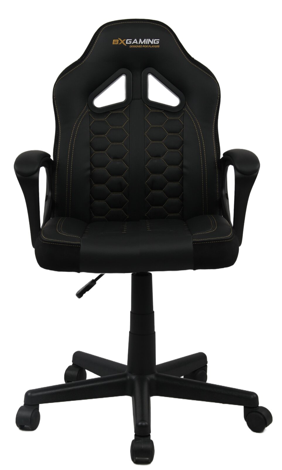 Schwarzer Jugend Gaming Stuhl mit ergonomischem Design und Armlehnen, Vorderansicht