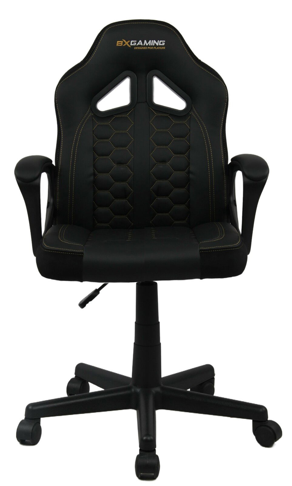 Schwarzer Jugend Gaming Stuhl mit ergonomischem Design und Armlehnen, Vorderansicht