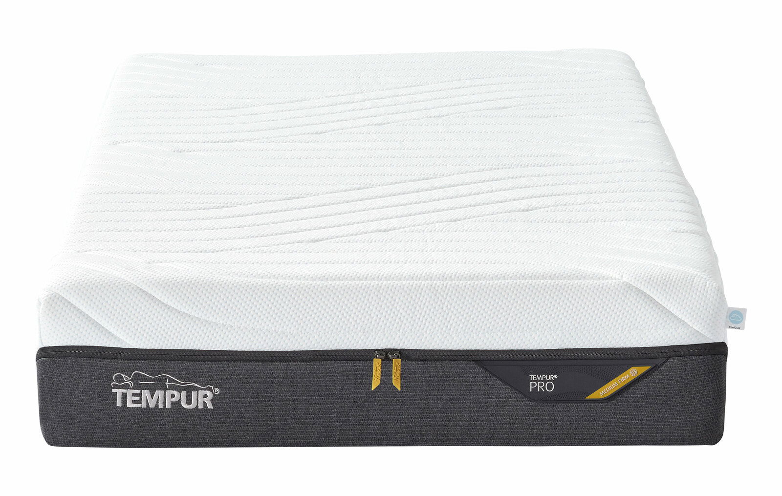 Seitliche Ansicht einer TEMPUR PRO Matratze mit weißem Bezug und schwarzem Rand, Größe 80x200 cm, mit Reißverschluss und Label 'Maximum Firm'.