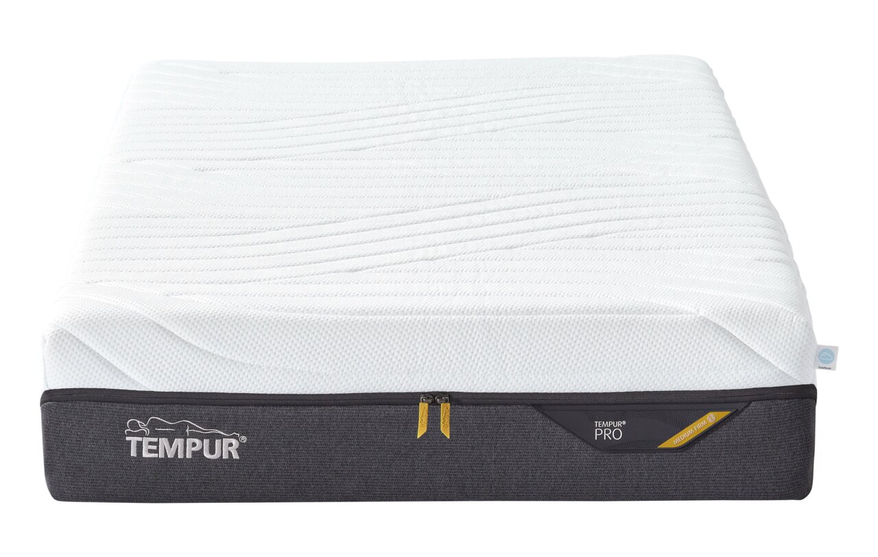 Zijaanzicht van een TEMPUR PRO-matras met witte hoes en zwarte rand, afmeting 80 x 200 cm, met ritssluiting en het label 'Maximum Firm'.