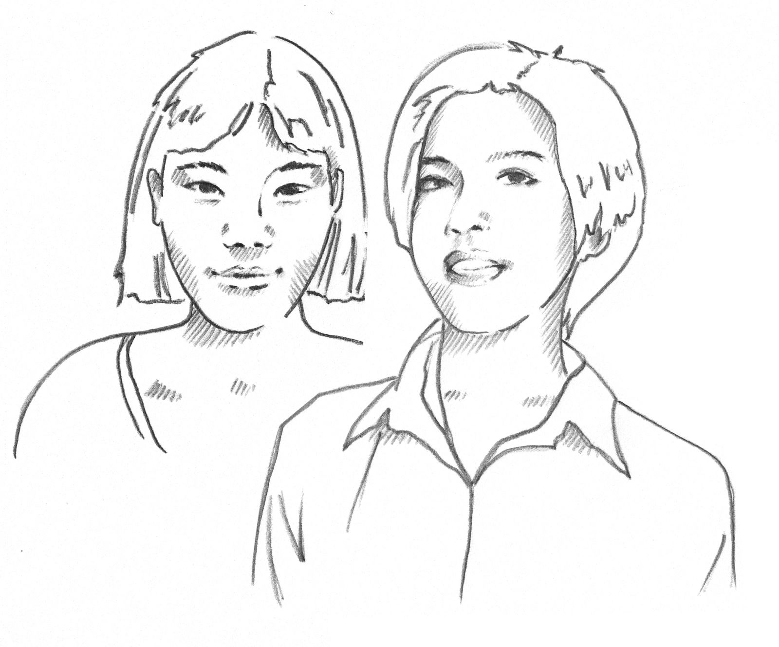 Zwei gezeichnete Personen, eine mit schulterlangem Haar und die andere mit kurzem Haar, aus der Vorderansicht.