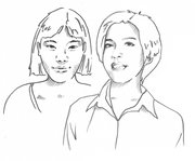 Zwei gezeichnete Personen, eine mit schulterlangem Haar und die andere mit kurzem Haar, aus der Vorderansicht.
