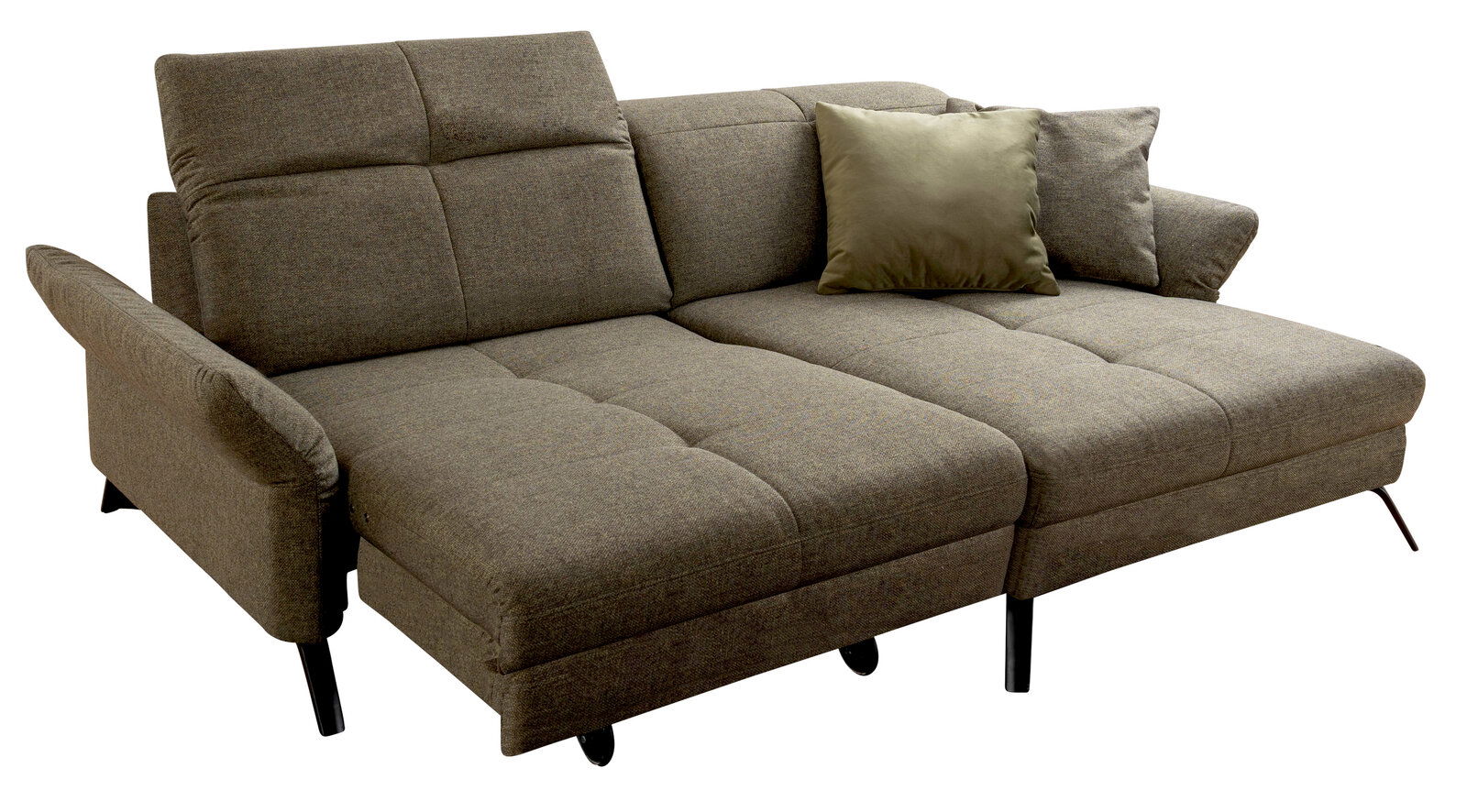 Großes, modernes Ecksofa in braunem Stoff mit verstellbaren Rückenlehnen und einem grünen Kissen, seitliche Perspektive.