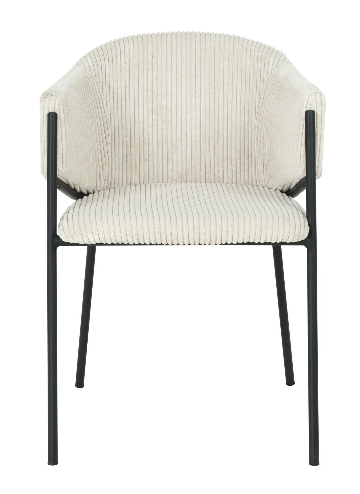 Vorderansicht eines modernen Armlehnstuhls mit cremefarbenem, geripptem Stoffbezug und schwarzen Metallbeinen.