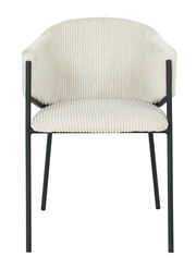 Vorderansicht eines modernen Armlehnstuhls mit cremefarbenem, geripptem Stoffbezug und schwarzen Metallbeinen.