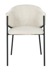Vorderansicht eines modernen Armlehnstuhls mit cremefarbenem, geripptem Stoffbezug und schwarzen Metallbeinen.