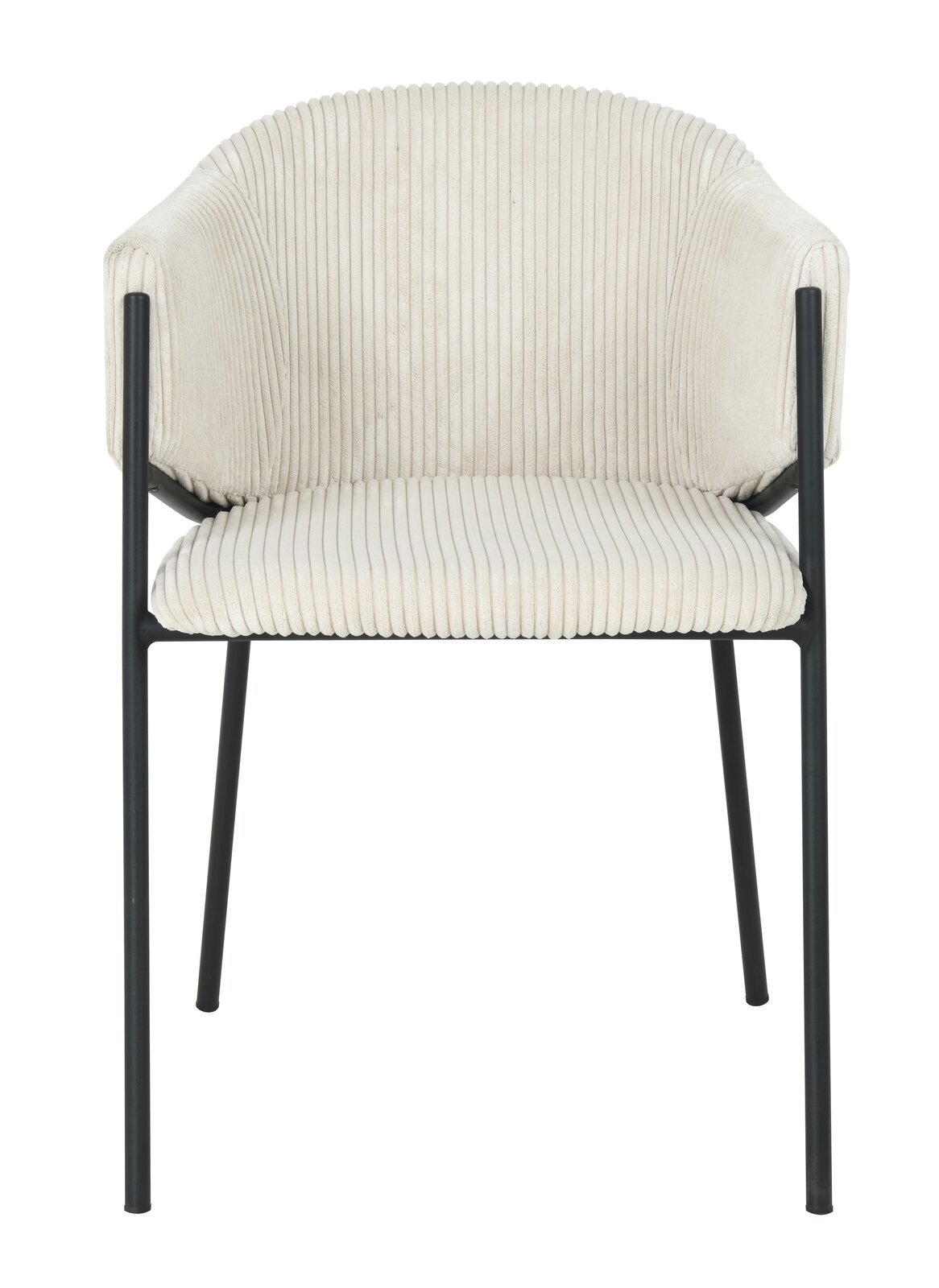 Vorderansicht eines modernen Armlehnstuhls mit cremefarbenem, geripptem Stoffbezug und schwarzen Metallbeinen.