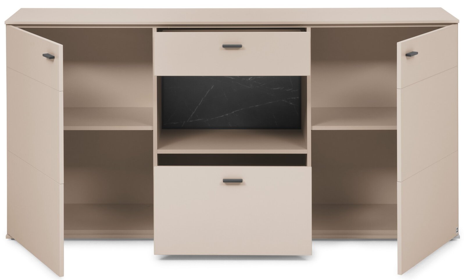 Beiger Sideboard-Schrank mit zwei geöffneten Seitentüren, zwei Schubladen und offenen Regalfächern, Frontansicht in leicht erhöhter Perspektive