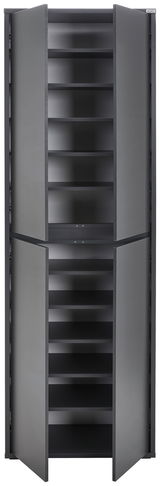 XXL-Schuh- und Mehrzweckschrank in grauer Farbe, frontal geöffnet mit mehreren Regalböden.