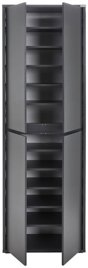 XXL-Schuh- und Mehrzweckschrank in grauer Farbe, frontal geöffnet mit mehreren Regalböden.