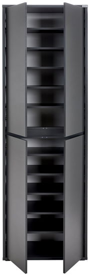 XXL-Schuh- und Mehrzweckschrank in grauer Farbe, frontal geöffnet mit mehreren Regalböden.