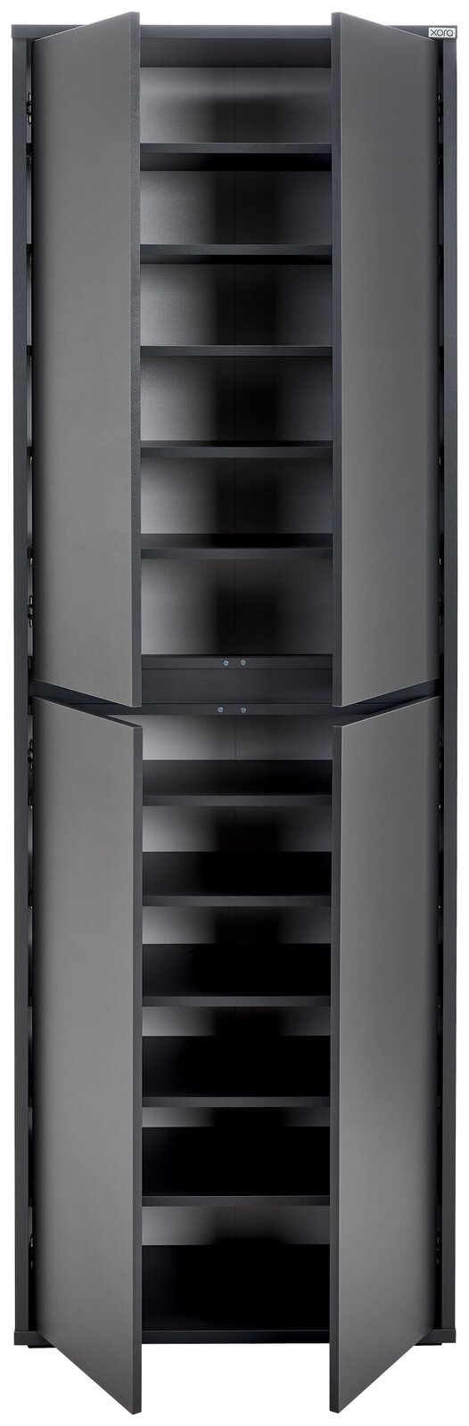 XXL-Schuh- und Mehrzweckschrank in grauer Farbe, frontal geöffnet mit mehreren Regalböden.