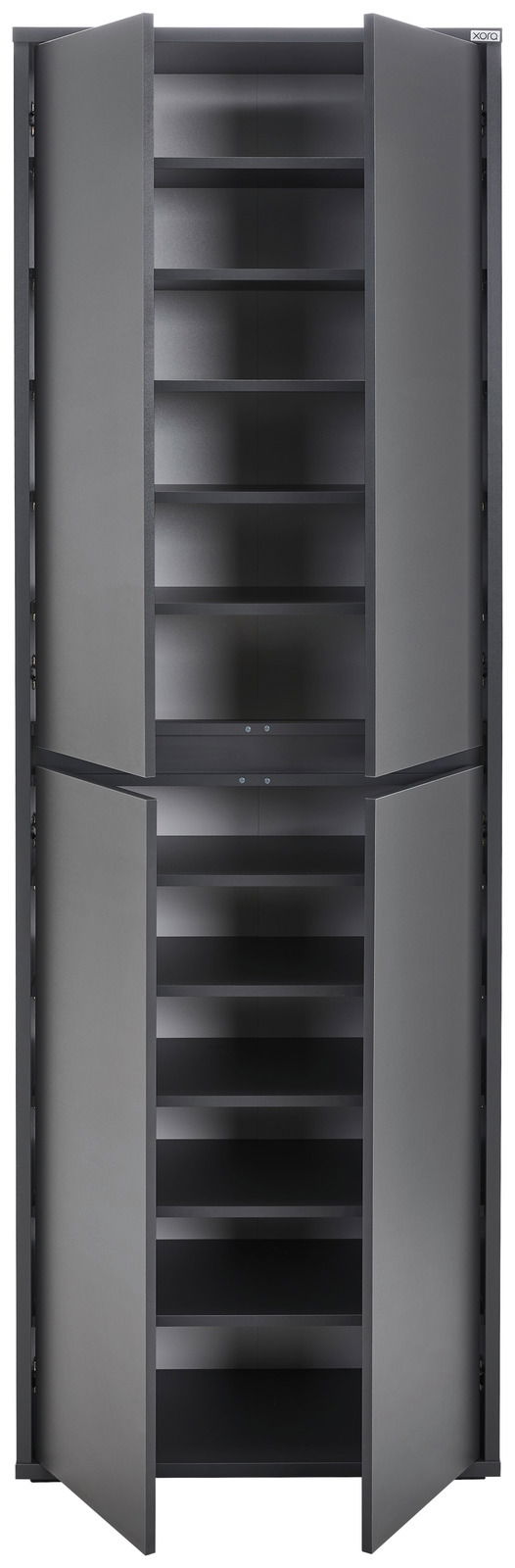 XXL-Schuh- und Mehrzweckschrank in grauer Farbe, frontal geöffnet mit mehreren Regalböden.