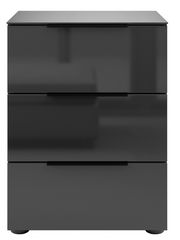 Moderne Nachtkommode mit drei Schubladen in schwarzem Hochglanz, Frontalansicht