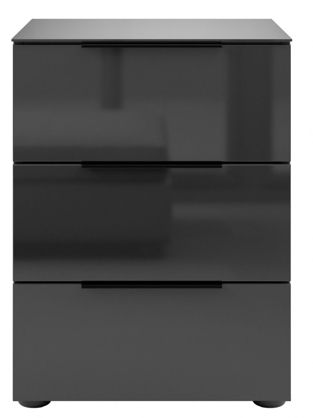 Moderne Nachtkommode mit drei Schubladen in schwarzem Hochglanz, Frontalansicht