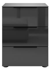 Moderne Nachtkommode mit drei Schubladen in schwarzem Hochglanz, Frontalansicht