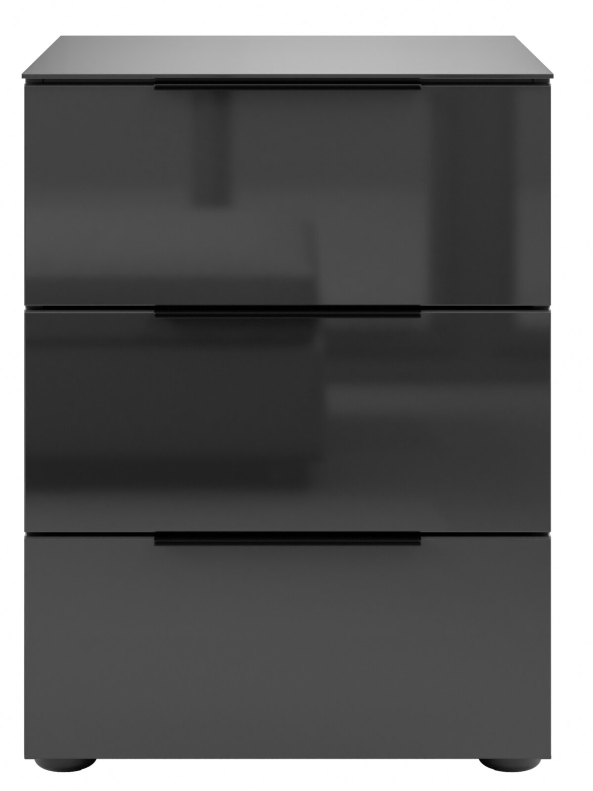 Moderne Nachtkommode mit drei Schubladen in schwarzem Hochglanz, Frontalansicht