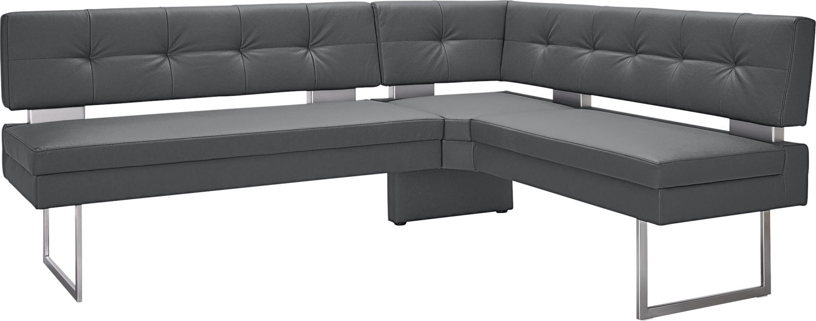 Moderne Eckbank in dunklem Leder mit Metallbeinen, seitliche Perspektive