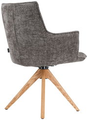 Rückansicht eines Sessels mit grauem Stoffbezug und Holzbeinen in Dreibein-Design.